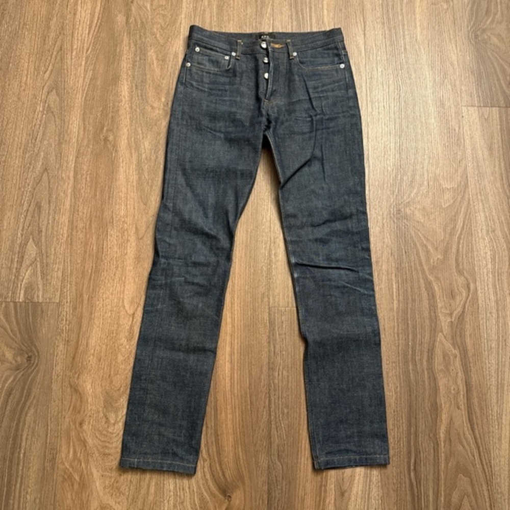 Women’s A.p.c. Petite new standard style dark denim button front jeans, size 27